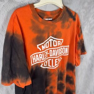 Harley Davidson Mens Large Tie Dye Graphic T-Shirt Orange Black Bar Shield‎ Logo